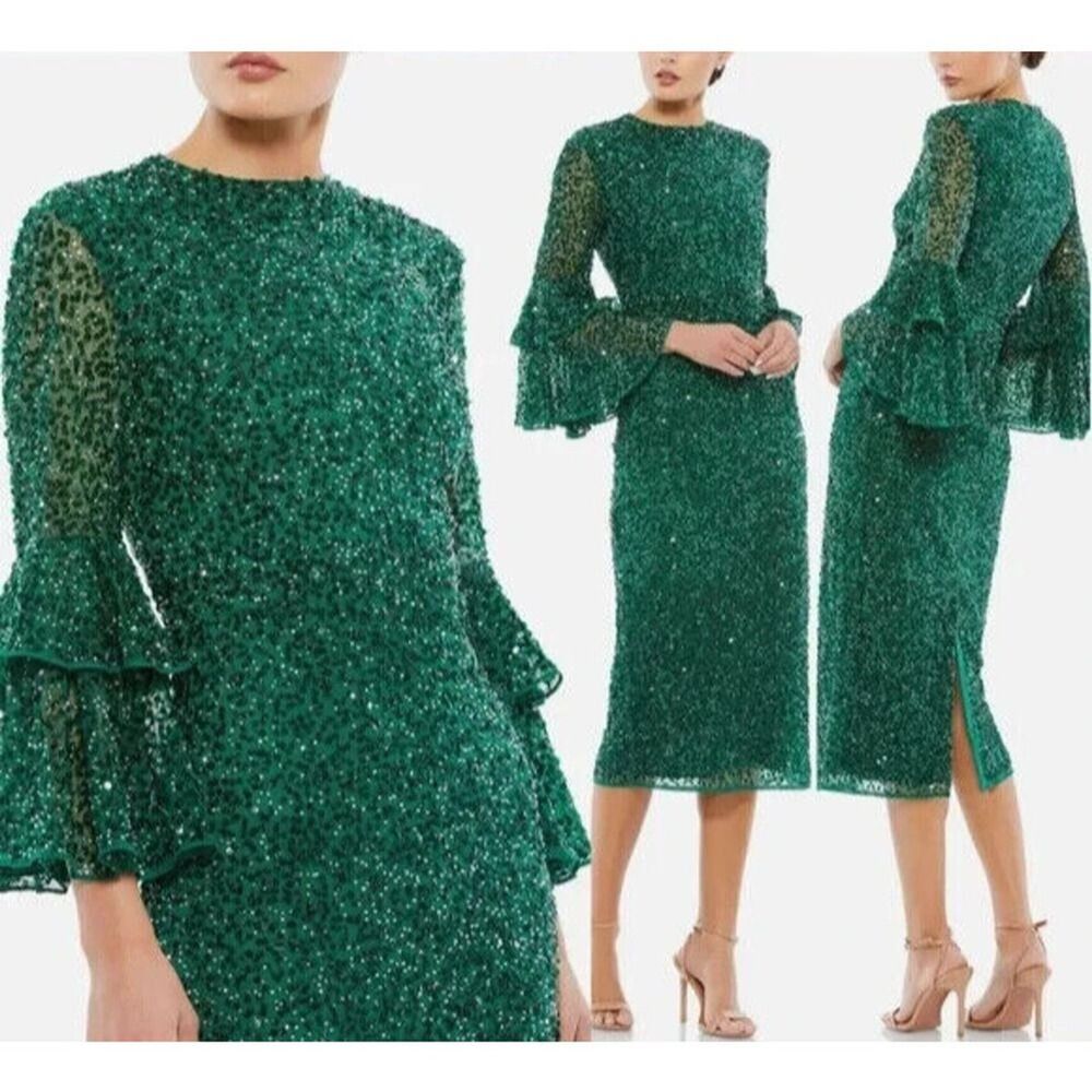 Mac Duggal Gown Dress Green Sequined Tiered Ruffle Sleeves 10802 $458 sz 12